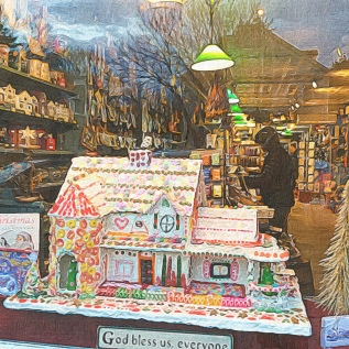 Gingerbread House in window of Williams and Sons